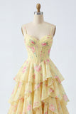 Yellow Spaghetti Straps A Line Corset Floral Ball Dress with Ruffles