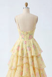 Yellow Spaghetti Straps A Line Corset Floral Ball Dress with Ruffles