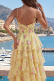Yellow Spaghetti Straps A Line Corset Floral Ball Dress with Ruffles
