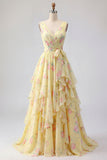 Yellow Floral V-Neck Ruffled Long Ball Dress with Bow