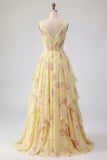 Yellow Floral V-Neck Ruffled Long Ball Dress with Bow