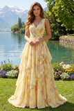 Yellow Floral V-Neck Ruffled Long Ball Dress with Bow