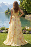 Yellow Floral V-Neck Ruffled Long Ball Dress with Bow