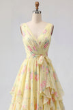 Yellow Floral V-Neck Ruffled Long Ball Dress with Bow