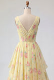 Yellow Floral V-Neck Ruffled Long Ball Dress with Bow