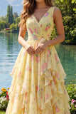 Yellow Floral V-Neck Ruffled Long Ball Dress with Bow