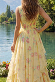 Yellow Floral V-Neck Ruffled Long Ball Dress with Bow