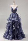 Dusty Blue A Line Ruffled Spaghetti Straps Long Ball Dress