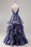 Dusty Blue A Line Ruffled Spaghetti Straps Long Ball Dress