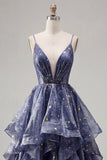 Dusty Blue A Line Ruffled Spaghetti Straps Long Ball Dress