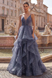 Dusty Blue A Line Ruffled Spaghetti Straps Long Ball Dress