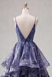 Dusty Blue A Line Ruffled Spaghetti Straps Long Ball Dress
