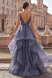 Dusty Blue A Line Ruffled Spaghetti Straps Long Ball Dress