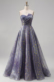 Strapless Dusty Blue A Line Ruched Long Ball Dress