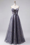 A-Line Sweetheart Star Dusty Blue Long Ball Dress with Bow
