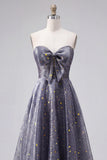 A-Line Sweetheart Star Dusty Blue Long Ball Dress with Bow