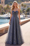 A-Line Sweetheart Star Dusty Blue Long Ball Dress with Bow
