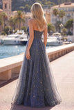 A-Line Sweetheart Star Dusty Blue Long Ball Dress with Bow