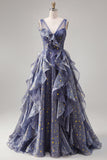 V-Neck Tulle Dusty Blue Ruffled A Line Ball Dress