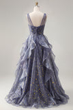 V-Neck Tulle Dusty Blue Ruffled A Line Ball Dress