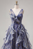 V-Neck Tulle Dusty Blue Ruffled A Line Ball Dress