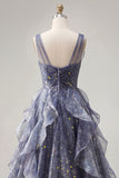 V-Neck Tulle Dusty Blue Ruffled A Line Ball Dress
