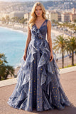 V-Neck Tulle Dusty Blue Ruffled A Line Ball Dress