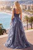 V-Neck Tulle Dusty Blue Ruffled A Line Ball Dress