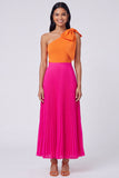 One Shoulder Orange and Fuchsia A-Line Pleated Maxi Dress with Bow