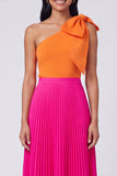 One Shoulder Orange and Fuchsia A-Line Pleated Maxi Dress with Bow