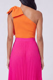 One Shoulder Orange and Fuchsia A-Line Pleated Maxi Dress with Bow