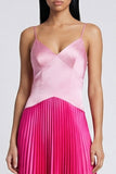 Satin Pink and Fuchsia A-Line Spaghetti Straps Pleated Maxi Dress