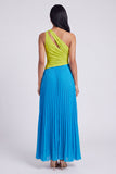 A-Line Green and Blue One Shoulder Pleated Ruched Maxi Dress