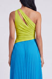 A-Line Green and Blue One Shoulder Pleated Ruched Maxi Dress