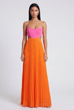 A-Line Pink and Orange Sweetheart Pleated Maxi Dress