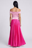 A-Line Satin Pink and Fuchsia Off the Shoulder Pleated Maxi Dress