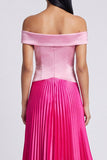 A-Line Satin Pink and Fuchsia Off the Shoulder Pleated Maxi Dress