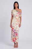 Black Tulle One Shoulder Bodycon Printed Floral Maxi Dress