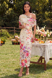 Black Tulle One Shoulder Bodycon Printed Floral Maxi Dress