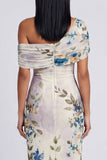 Black Tulle One Shoulder Bodycon Printed Floral Maxi Dress