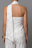Ivory Lace Embroidered Two-Piece Work Suits with Neck Scarf