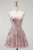 Sparkly Blush Beaded Sequin Floral Short Cocktail Dress