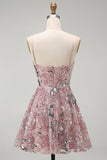 Sparkly Blush Beaded Sequin Floral Short Cocktail Dress