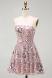 Sparkly Blush Beaded Sequin Floral Short Cocktail Dress