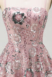 Sparkly Blush Beaded Sequin Floral Short Cocktail Dress