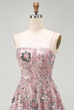 Sparkly Blush Beaded Sequin Floral Short Cocktail Dress