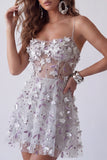 Sparkly Silver Corset A Line Spaghetti Straps Floral Beaded Short Cocktail Dress
