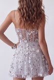 Sparkly Silver Corset A Line Spaghetti Straps Floral Beaded Short Cocktail Dress