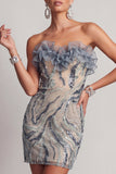 Sparkly Dusty Blue Strapless Beaded Tight Short Cocktail Dress with Ruffles