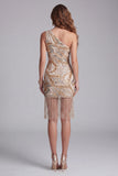 Sparkly Champagne One Shoulder Beaded Tight Short Cocktail Dress with Fringes